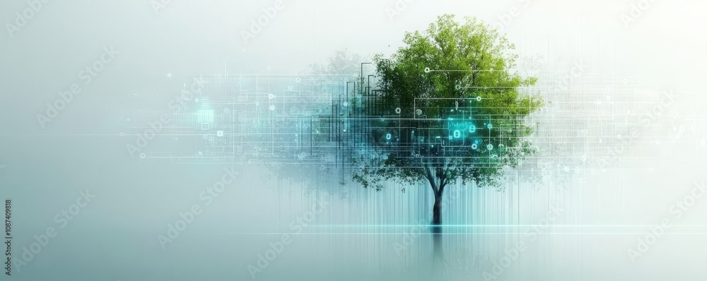 Poster a digital representation of a solitary tree emerging from a misty background, symbolizing the fusion