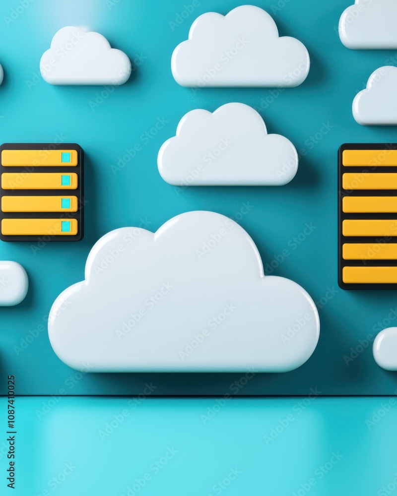 Poster a vibrant illustration featuring stylized clouds and data storage elements against a teal background