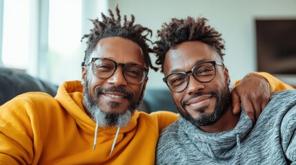 A father and son duo with glasses and graying beards embrace warmly on a couch, portraying love, family, and companionable affection in a home setting.