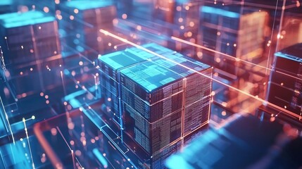 Obraz premium Blockchain Powered Distribution Center Leveraging Decentralized Technology to Ensure Authenticity Traceability and Efficiency in Supply Chain Logistics