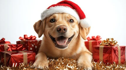 Happy dog wearing santa hat surrounded by festive gifts and decorations