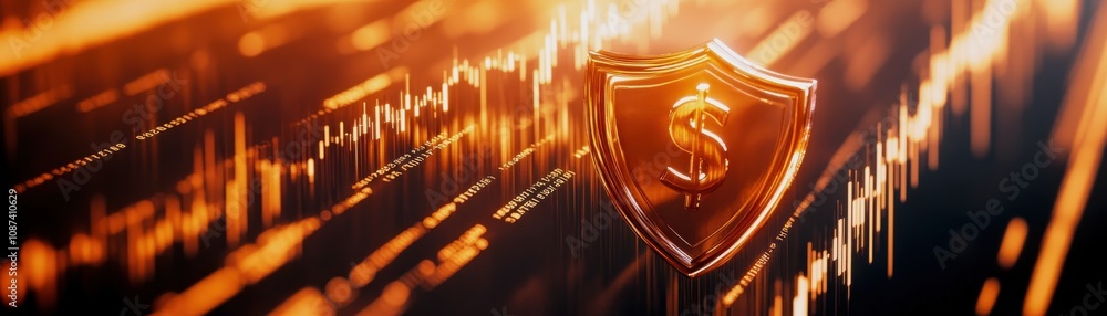 Poster trading analysis concepts. a glowing shield with a dollar sign amidst dynamic financial data graphic