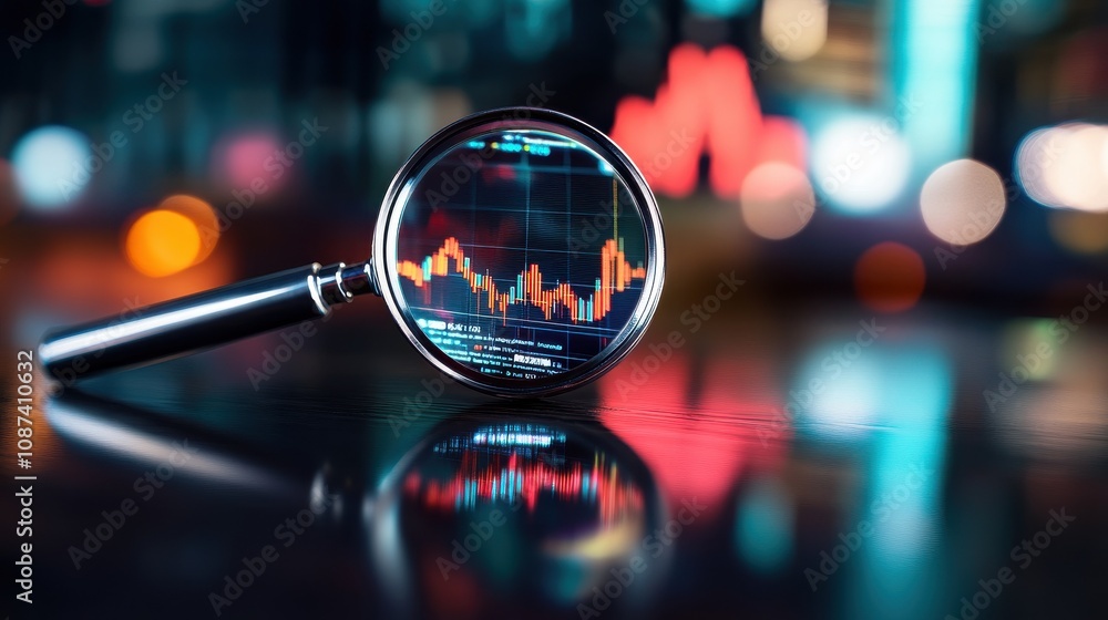 Poster trading analysis concepts. a magnifying glass focuses on a financial graph, symbolizing analysis and