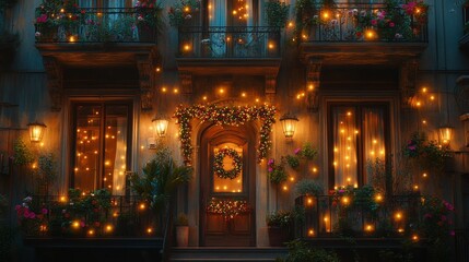 Fototapeta premium A beautifully decorated building with festive lights and floral arrangements