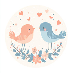 Naklejka premium Two birds are kissing each other on a flower. The birds are surrounded by flowers and leaves. 