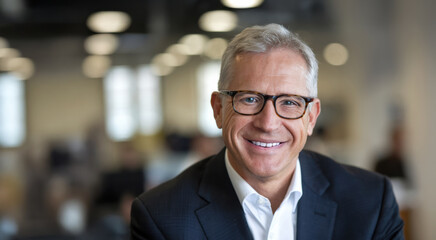 Fototapeta premium Happy senior businessman wearing glasses and a suit, smiling confidently in a modern office environment with a friendly demeanor, copy space on the left side