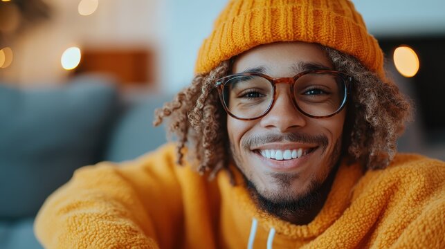 A young man wearing glasses and a warm knitted sweater smiles brightly, conveying a sense of comfort and style, enhanced by a softly lit background.