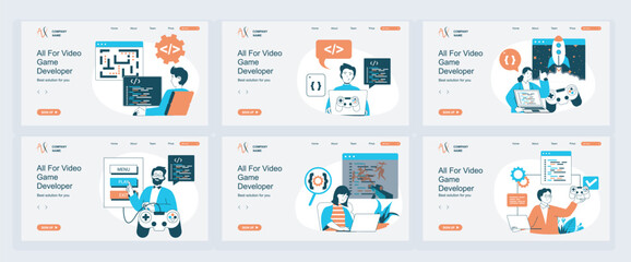Video game developer concept of landing page with slide templates set in flat design. Website headers with people write code for computer games, testing interface with joystick. Vector illustrations.