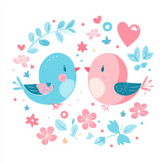 Two birds are kissing each other on a flower. The birds are surrounded by flowers and leaves.
