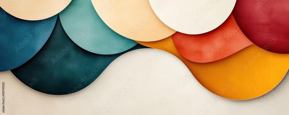 Poster a vibrant arrangement of circular shapes in various colors, creating a harmonious and visually appea