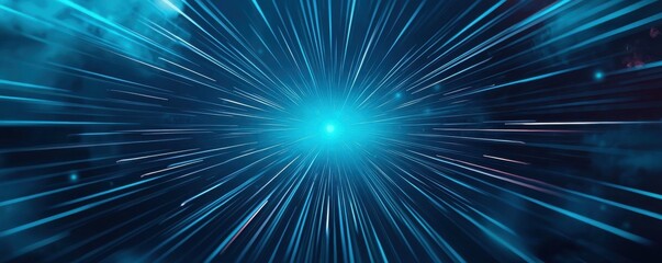 Fototapeta premium A dynamic scene depicting blue light rays emanating from a central point, creating a sense of movement and depth through a starry background.