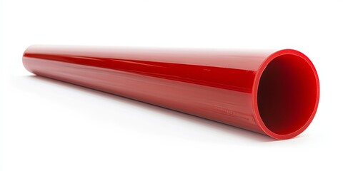 Red Plastic Tube on White Background: Cylindrical Shape, Smooth Surface