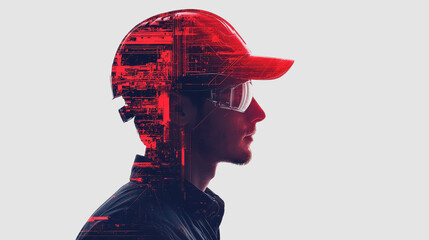 Double Exposure Silhouette of an Engineer Featuring Modern Technology Elements and a Striking Red Overlay for Creative Visuals