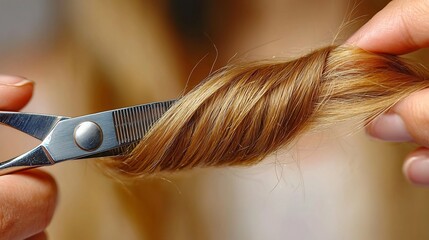 Naklejka premium Close up of a skilled hairstylist s hands meticulously trimming and shaping a woman s hair using precision scissors showcasing the professional care and attention to detail in the beauty industry
