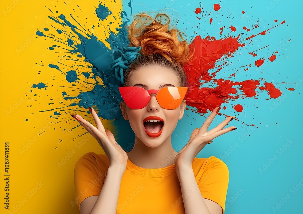 Poster vibrant retro pop art portrait of a playful woman striking a dynamic pose against an abstract textur