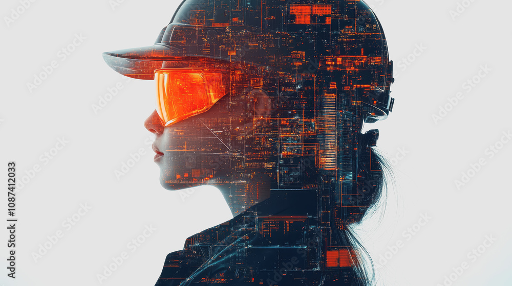 Poster double exposure silhouette of an engineer with a technological background and futuristic elements in