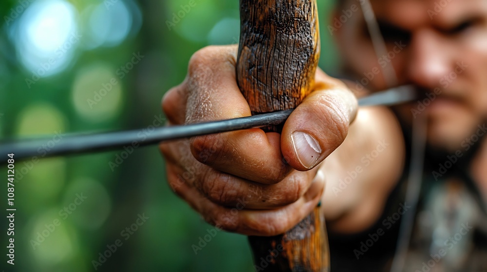 Poster close up shot of an archer s hand firmly gripping and drawing back a bowstring with the taut string 