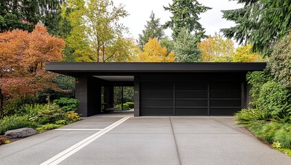 Fototapeta premium Modern Black Garage in Autumnal Setting