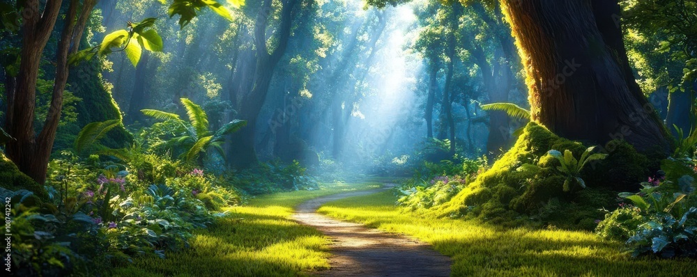 Poster ethereal light filtering through tall trees in forest