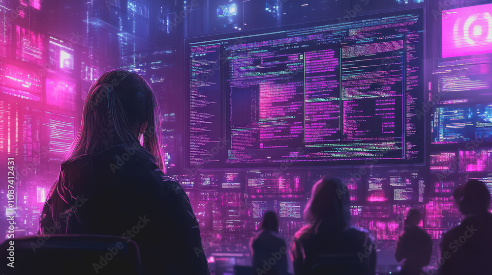 Poster female software engineer presenting complex code in a futuristic environment with vibrant colors and