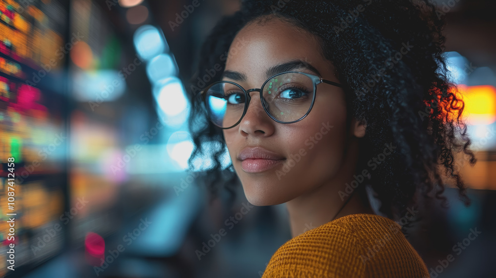 Poster confident female software engineer presenting complex code solutions in a modern digital workspace w
