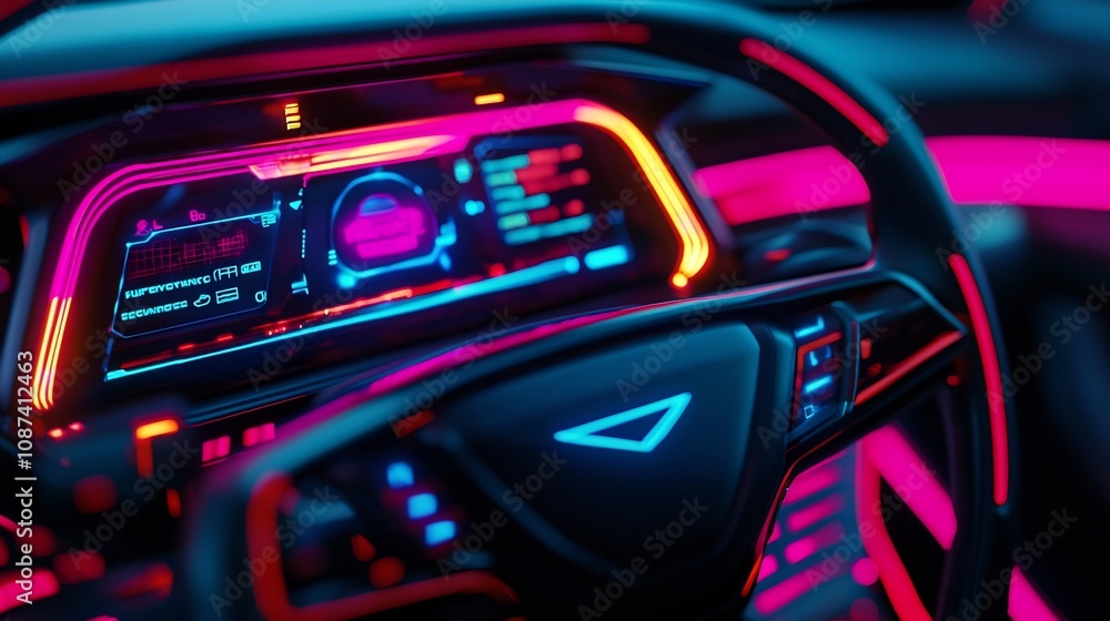 Aufkleber close up view of a futuristic high tech interface design featuring holographic elements vibrant neon
