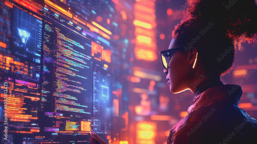 Poster female software engineer presenting complex code in a futuristic tech environment with vibrant light