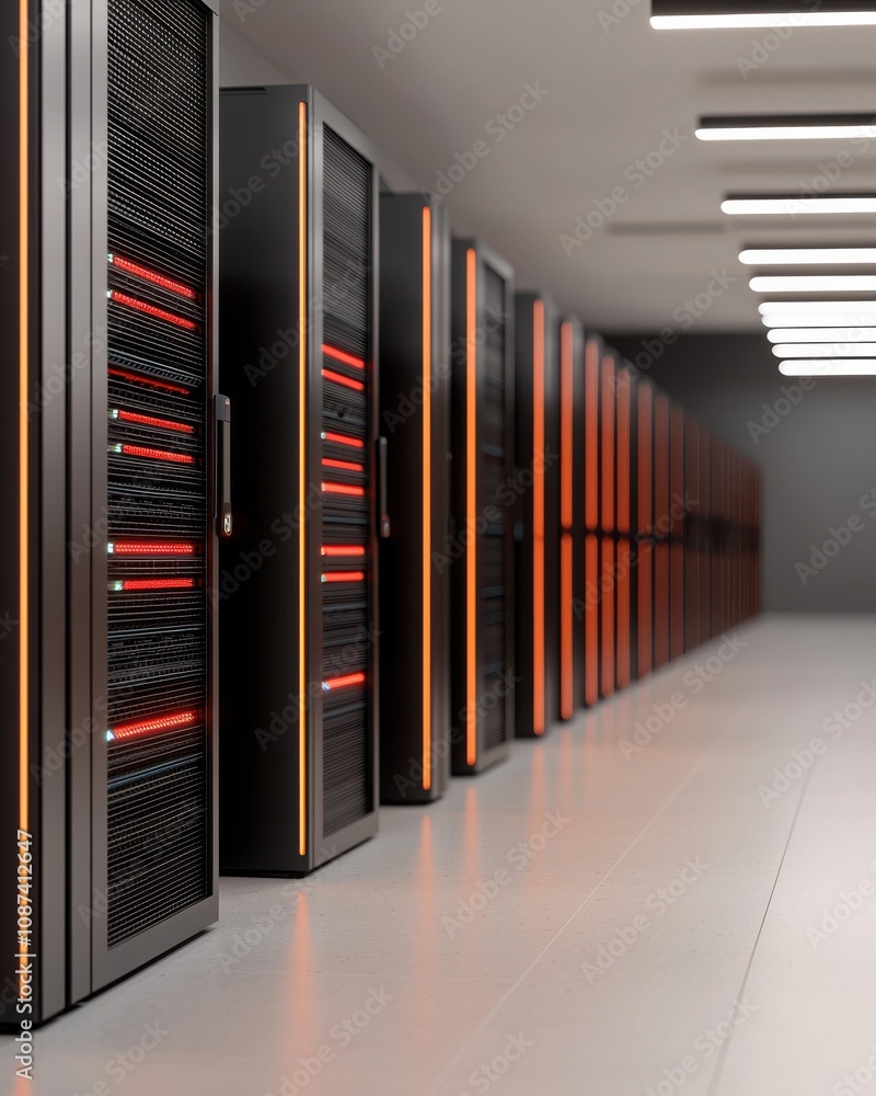 Poster a sleek row of modern data servers with glowing lights, showcasing technology in a high-tech server 