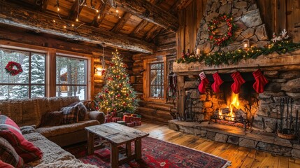 A rustic cabin interior with a crackling Christmas fireplace, adorned with pine branches and cozy decor, creating a warm retreat.