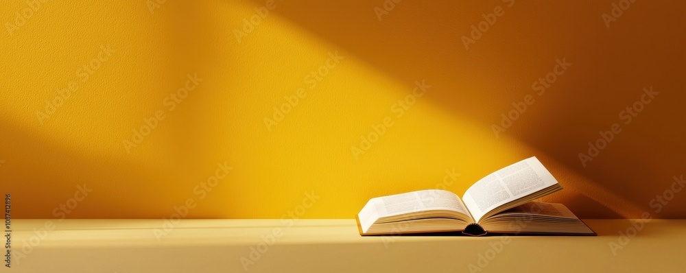 Poster a close-up of an open book resting on a smooth surface, illuminated by soft light under a vibrant ye