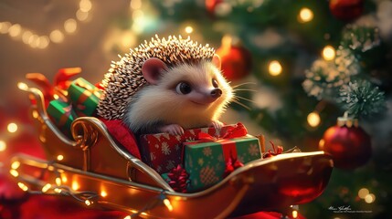 Cute little hedgehog sitting on Christmas sleigh with gifts, decorated Christmas tree in background