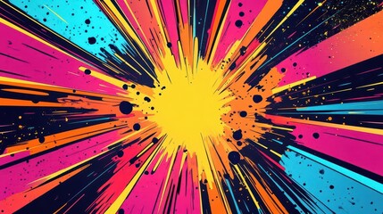 Fototapeta premium Comic background in electric colors, radial bursts and geometric patterns, no text