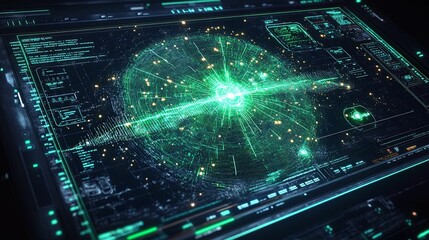 Futuristic Green Digital Interface Displays Data Streams