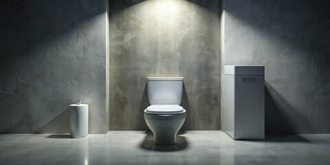 A Minimalist Bathroom Featuring a White Toilet Against a Rough Textured Wall with Soft Overhead Lighting