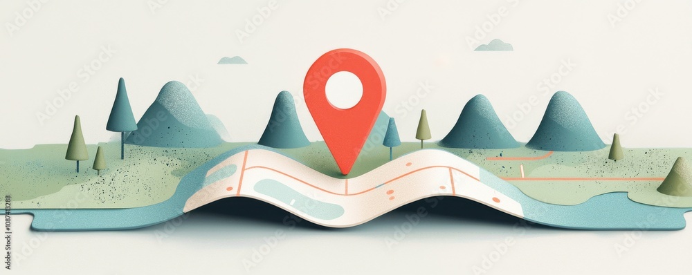 Poster a colorful illustration of a map featuring stylized mountains and a prominent location marker symbol