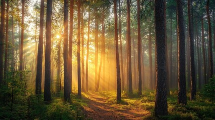 Sunlight Streaming Through Forest Trees Creating a Magical Atmosphere