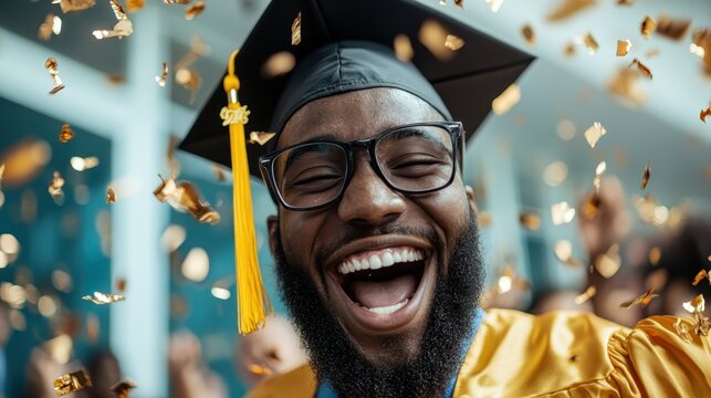 A jubilant graduate in academic attire, glasses, and golden confetti filling the air, captures a moment of pure joy and accomplishment during a graduation event.