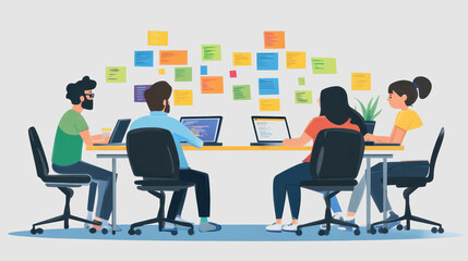 Modern software development team engaged in agile methods around a collaborative workspace with laptops, sticky notes, and focused discussion for productivity enhancement.