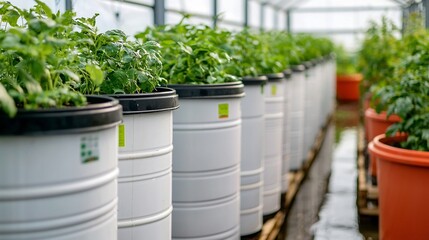 Close up view of multiple rainwater collection barrels strategically placed next to a greenhouse