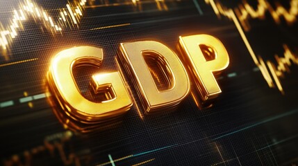 Gold text "GDP" 3D golden letters on the background of stock market charts