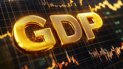 Gold text "GDP" 3D golden letters on the background of stock market charts