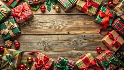 Festive Gift Boxes and Ornaments on a Rustic Wooden Surface