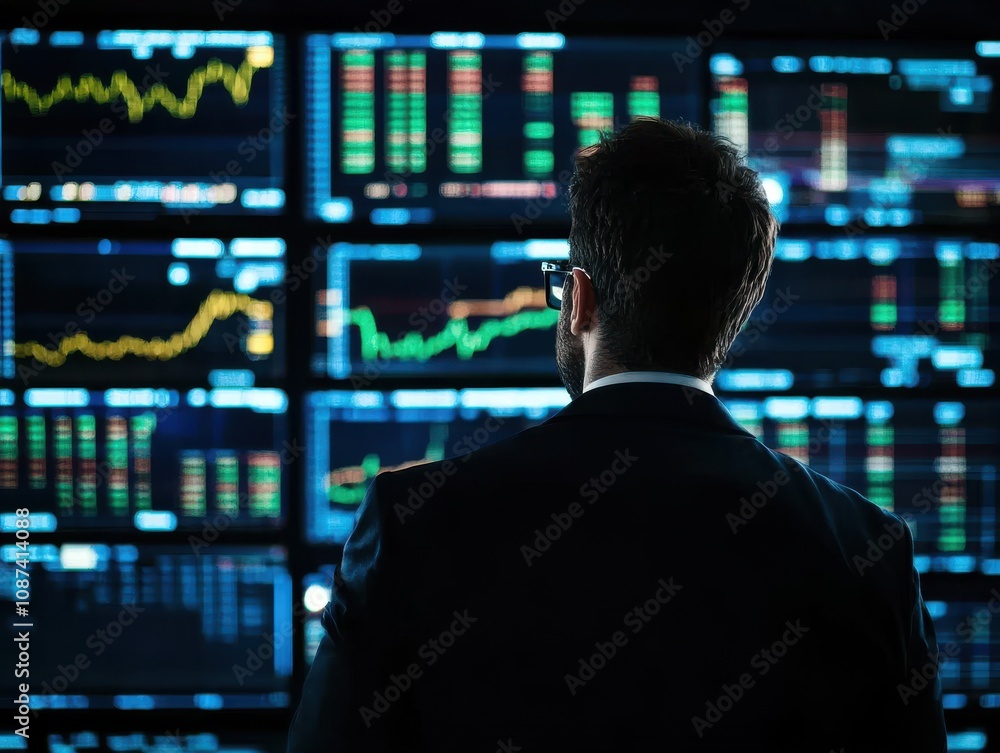 Fototapete trading analysis concepts. business professional analyzing stock market data on multiple screens in 