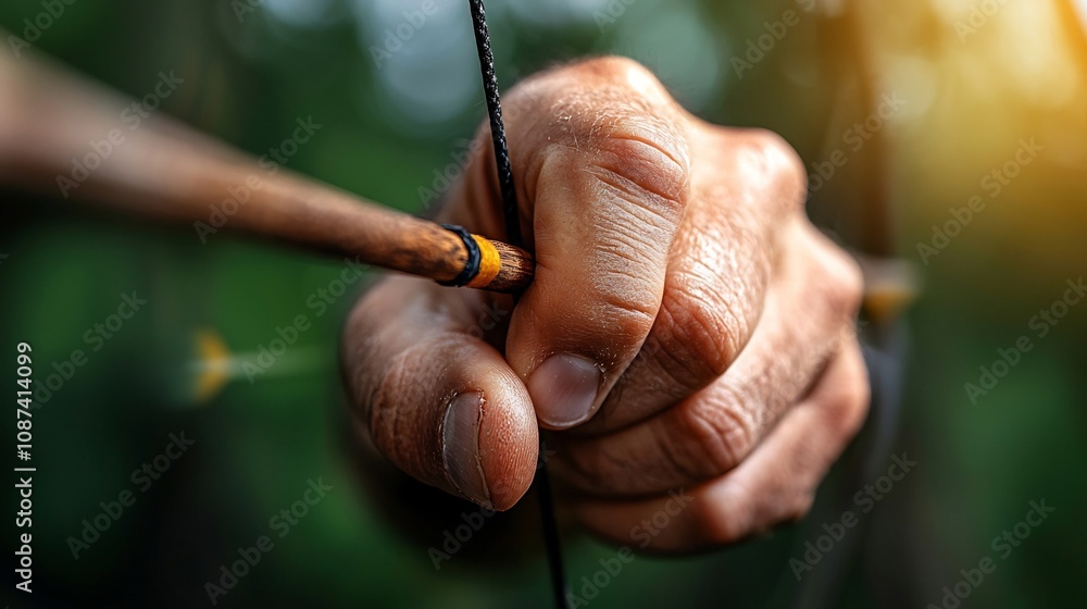 Poster closeup photograph of an archer s hand gripping and drawing back a bowstring creating a taut and int