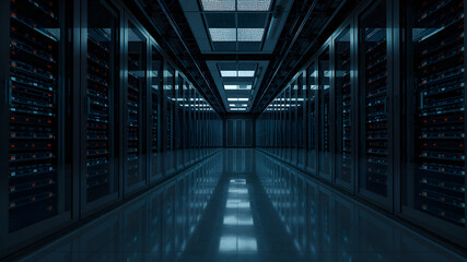 Fototapeta premium Modern Technology Center Server Racks Working in Dark Facility. Concept of Internet of Things, Big Data Protection, Storage.3d Illustration.