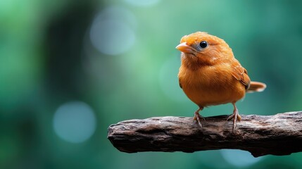 A small, brightly colored bird with orange feathers is sitting on a branch, set against a lush, blurred background, conveying themes of nature and simplicity.