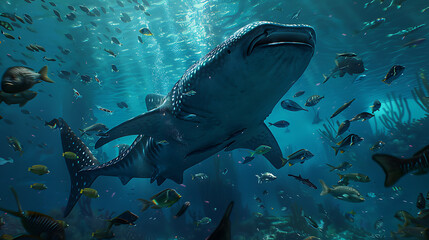 A Massive Whale Shark Gliding Effortlessly Through Crystal-Clear Waters, Displaying Grace and Majestic Size as It Moves Through the Ocean with Unmatched Elegance

