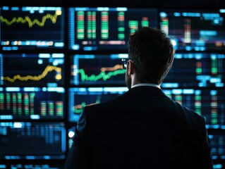 Fototapeta premium Trading analysis concepts. Business professional analyzing stock market data on multiple screens in a dark environment.
