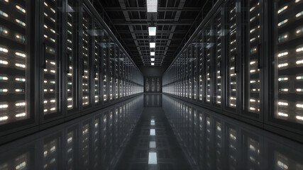 Modern Technology Center Server Racks Working in Dark Facility. Concept of Internet of Things, Big Data Protection, Storage.3d Illustration.