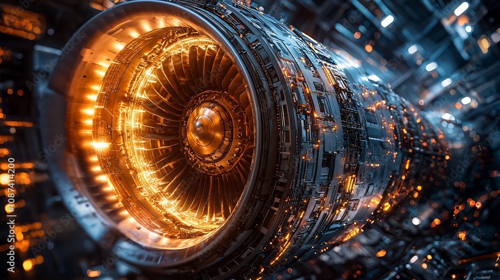Aufkleber closeup view of an aircraft engine s intricate metallic components and technical schematics shown in
